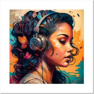 Beautiful Latina Woman Listening to Music Posters and Art